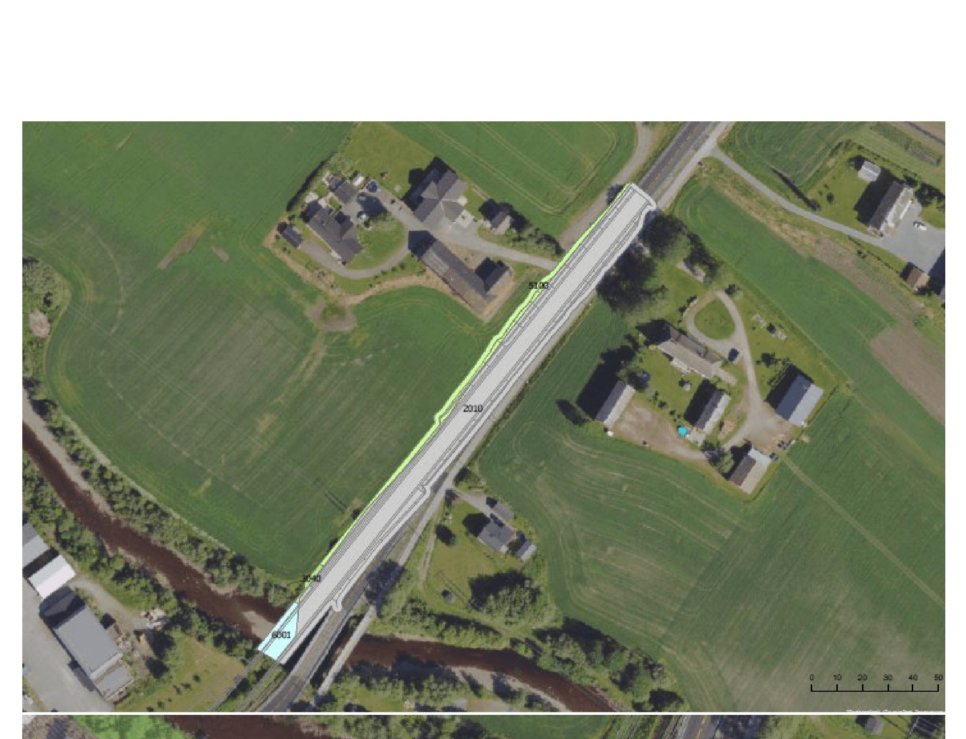 Satellittbilde av Lundamo bru på E6 med foreslått ny veglinje markert i grønt