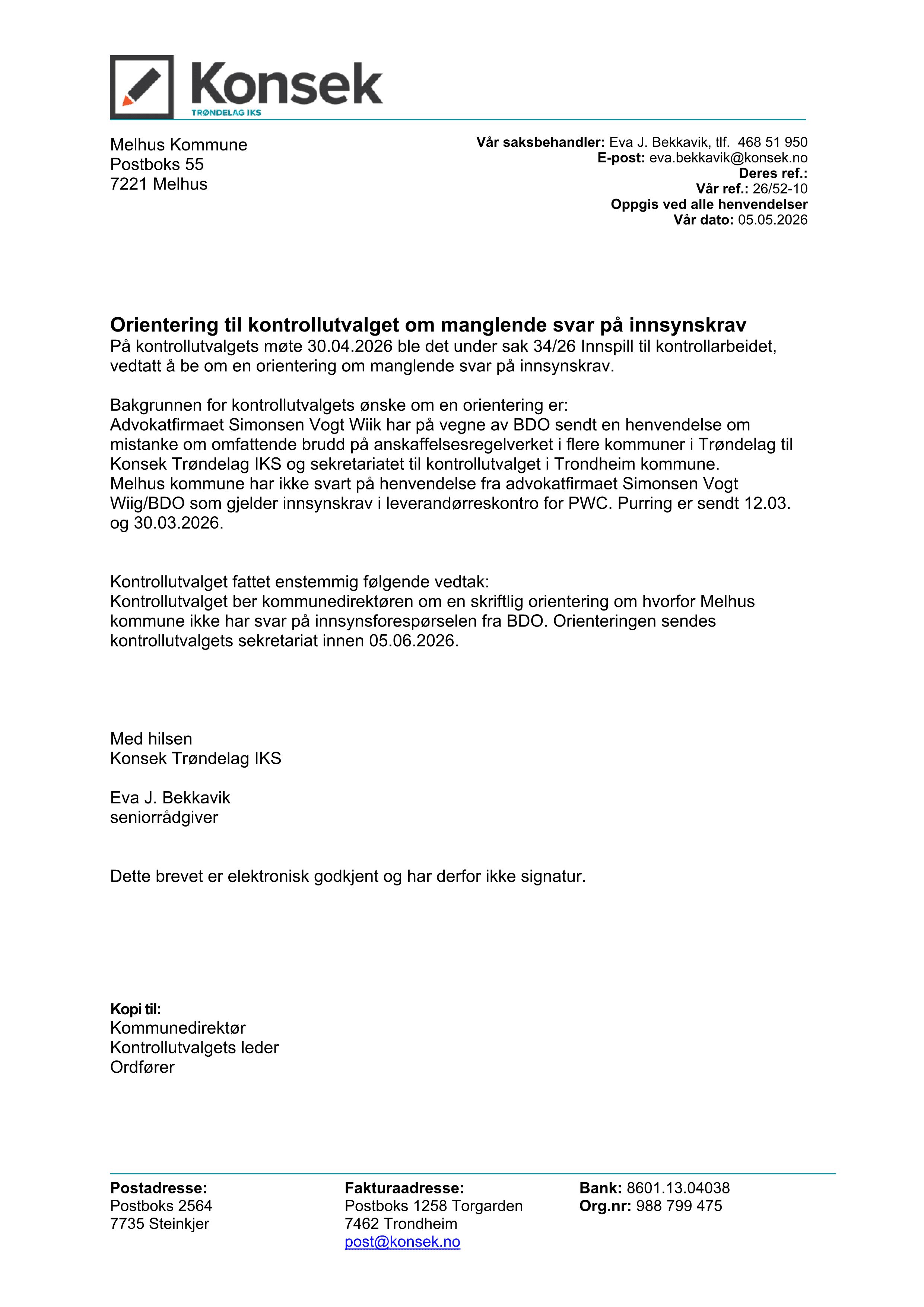 Førsteside av Konsek-orienteringen fra 5. mai 2026 om manglende svar på innsynskrav
