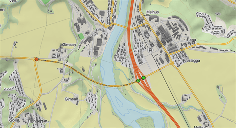Kart over strekningen på Hølondvegen (fylkesveg 708) mellom Melhus og Gimse som skal freses og asfalteres 4.–8. mai 2026