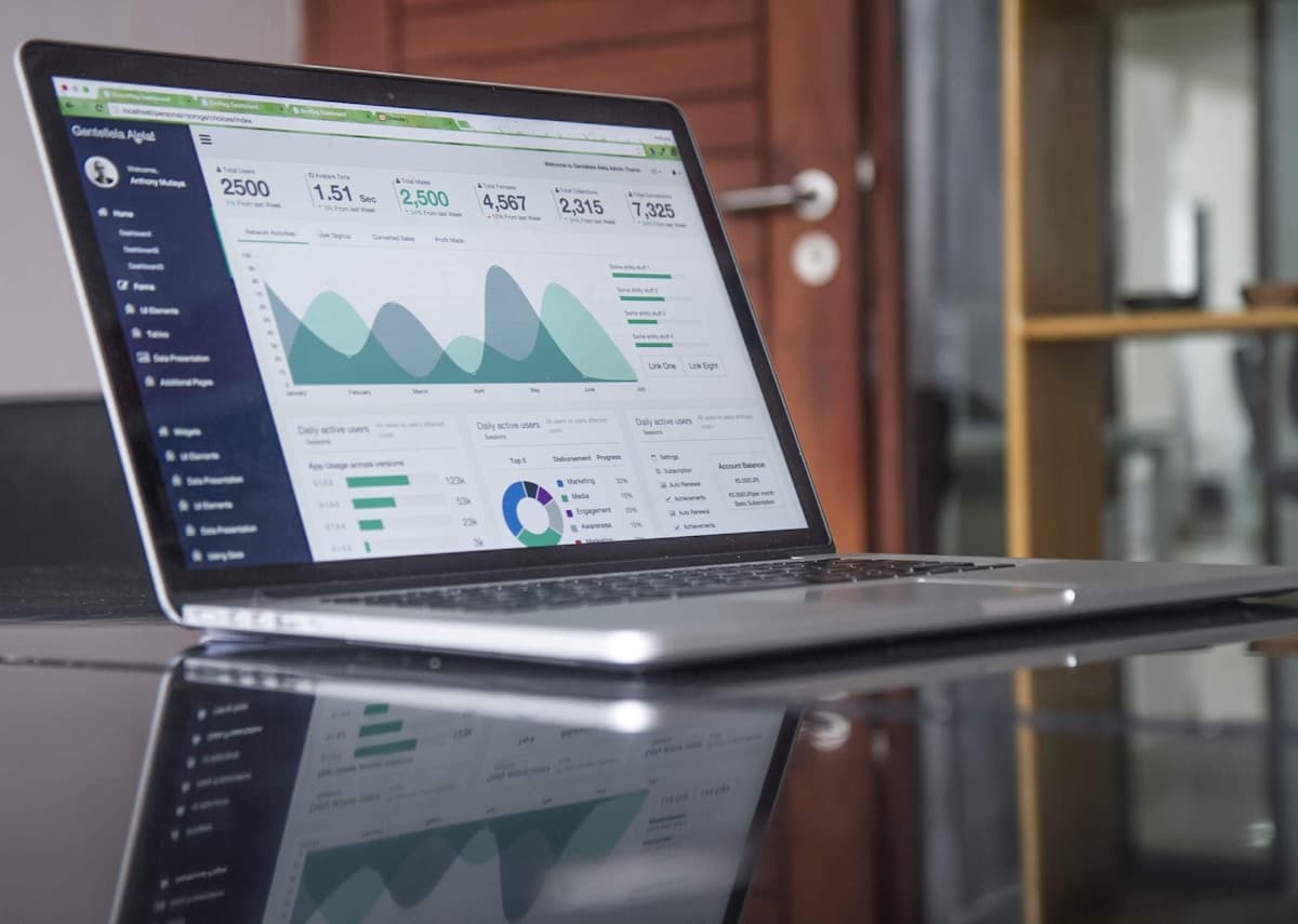 Business analytics charts showing financial data and trend lines on a laptop screen